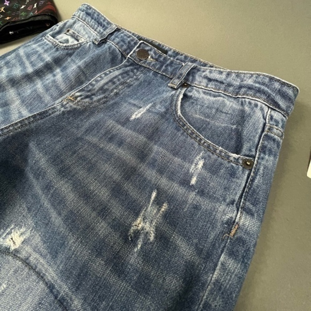 Thrashed Hige Faded Designer Denim Blue Ripped Jeans Stitching and Patchwork 💎 - Picture 5 of 16